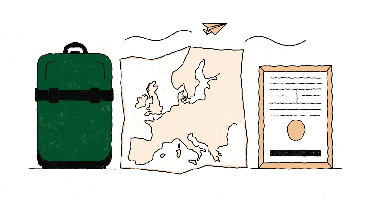 Walizka, mapa Europy i dokument z pieczęcią - delegowanie pracownika za granicę
